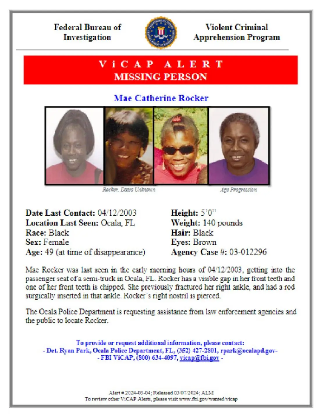 FBI ViCAP missing-person alert for Mae Catherine Rocker, released March 7, 2024