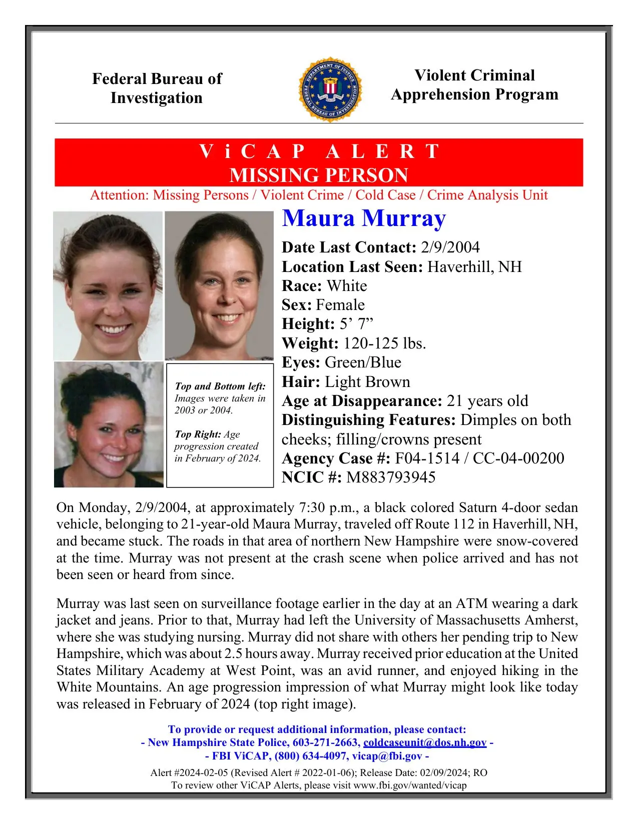 FBI ViCAP missing-person alert for Maura Murray (Alert 2024-02-05), released February 9, 2024